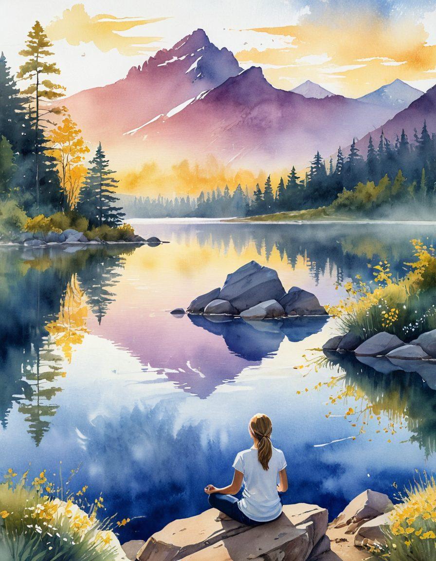A serene natural landscape depicting a sunrise over a tranquil lake, with a person meditating on the shore, embodying mindfulness. Surrounding them are subtle symbols representing motivation, such as a blooming flower and a mountain in the distance, symbolizing growth. The color palette includes calming blues and energizing yellows, enhancing the emotional impact. watercolor painting style. vibrant colors.
