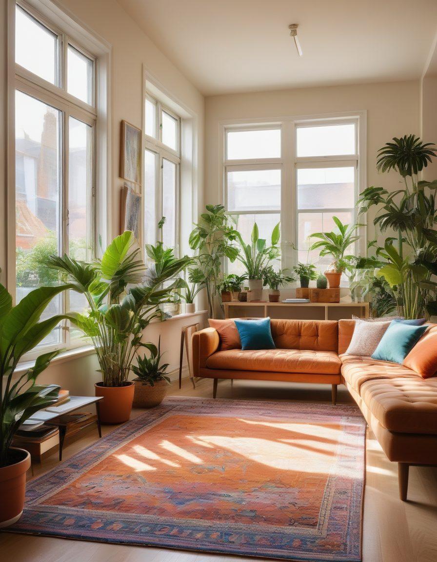 A vibrant and modern living space filled with stylish furniture, indoor plants, and a large window letting in sunlight. A diverse group of people engaging in self-improvement activities like yoga, journaling, and reading. The atmosphere is bright and welcoming, showcasing elements of trendy decor and an overall positive vibe. super-realistic. vibrant colors.