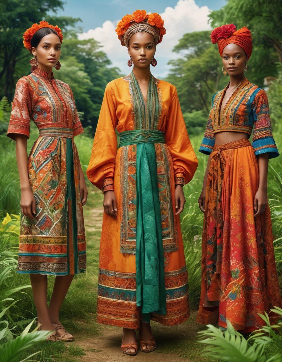 A captivating collage of diverse fashion styles showcasing sustainable clothing made from eco-friendly materials. Include cultural elements like traditional patterns from various cultures, set against a backdrop of a lush, green environment symbolizing nature. Show figures of different ethnicities wearing these outfits, interacting harmoniously with a vibrant community setting. Highlight keywords like 'sustainability' and 'cultural heritage' artistically in the design. super-realistic. vibrant colors. 3D.